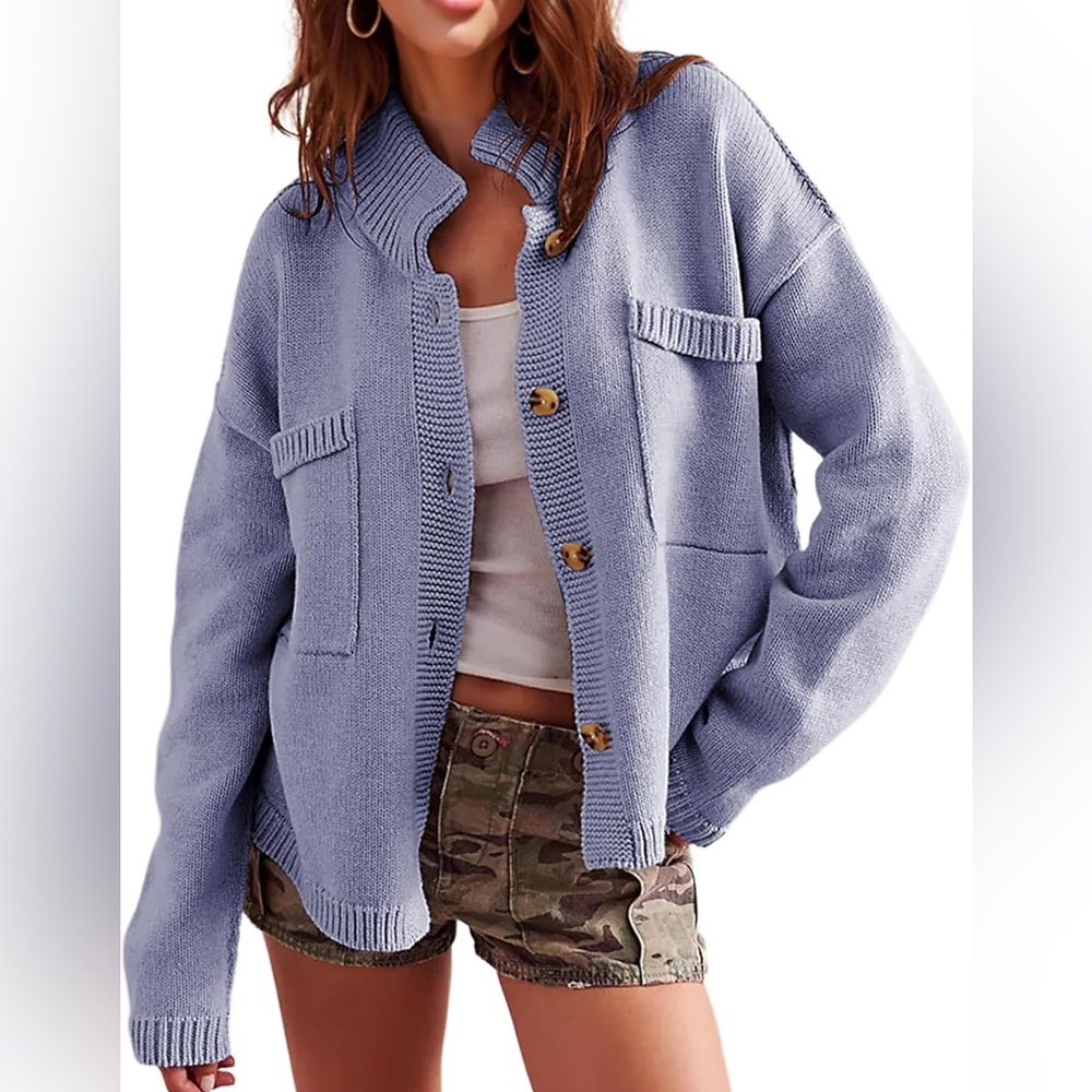 New Free People / We The Free On The Isle Lg Blue Cardi Button Cardigan Coat